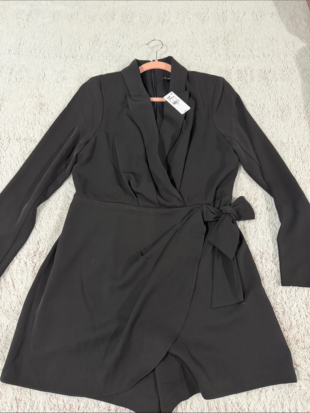 Express Black Long-Sleeve Wrap Romper Dress with Waist Tie